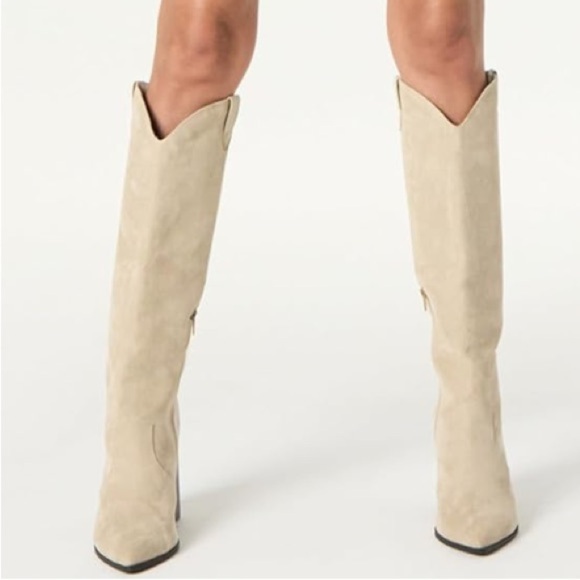 The Drop Cassandra Clay Microsuede Beige Western Knee-High Women's Heeled Boots - Picture 5 of 8